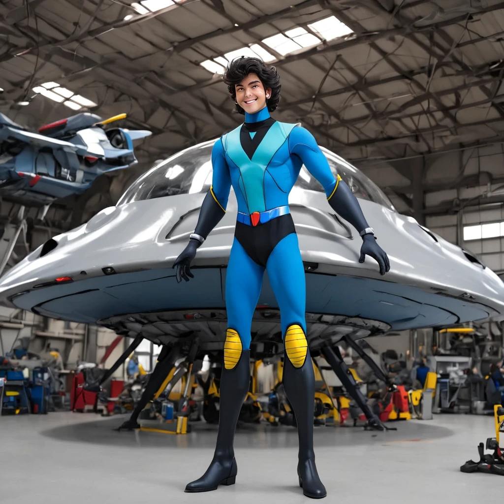 ultrarealistic, full body,alcor in bodysuit,smile,black boots,blac hands, repairing the engine of his flying saucer with his hands in a hangar
 <lora:more_details:1><lora:alcor_01:1>