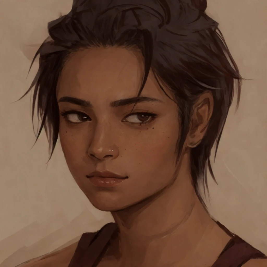 <lora:roxlora:0.6> (rox), semi-realistic, portrait, mole under eye, medium brown skin, androgynous, small ponytail, furrowed brow, slight frown, closed mouth, mole under eye, high quality, best quality, masterpiece