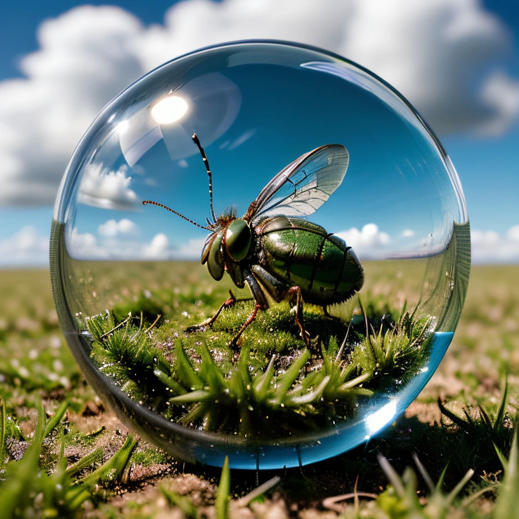 masterpiece, best quality, intricate photo, glass sphere with highly detailed grass hopper in the grass, Background blue cloudy sky, hyper realistic, highly detailed, sharp focus, high resolution, 8K, <lora:GlassSphere_v12:0.3>