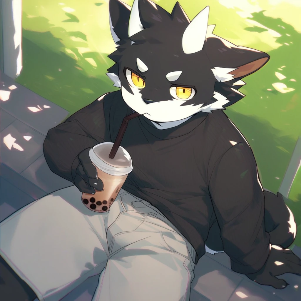 score_9_up, score_8_up, score_7_up, source_furry, mikus-monu__, black dragon, black body, white horns, yellow eyes, park, holding, bubble tea, black sweater, gray shorts, 1boy, solo