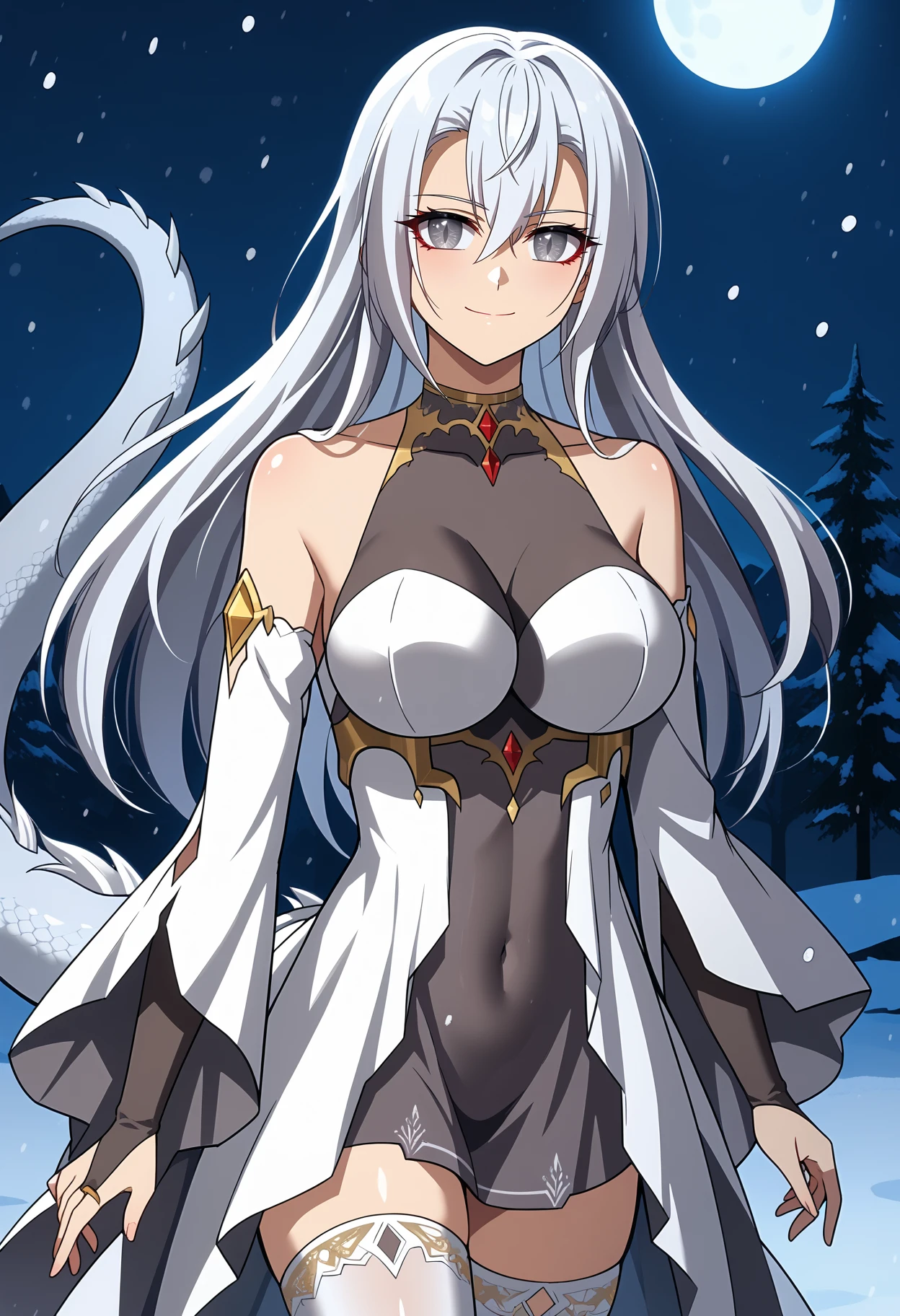 <lora:ShutupEvilDragon!_RossweisseXL_1:0.9>, RossweisseSUED,
1girl, solo, closed mouth, light smile,
long hair, white hair, hair between eyes, grey eyes, makeup, diamond-shaped pupils,
white dress, grey dress, covered collarbone, cleavage, large breasts, covered navel, bare shoulders, detached sleeves, bridal gauntlets, grey gloves, underbust, gold trim, white thighhighs,
dragon tail, white tail,
standing, looking at viewer,
simple background, night, snow