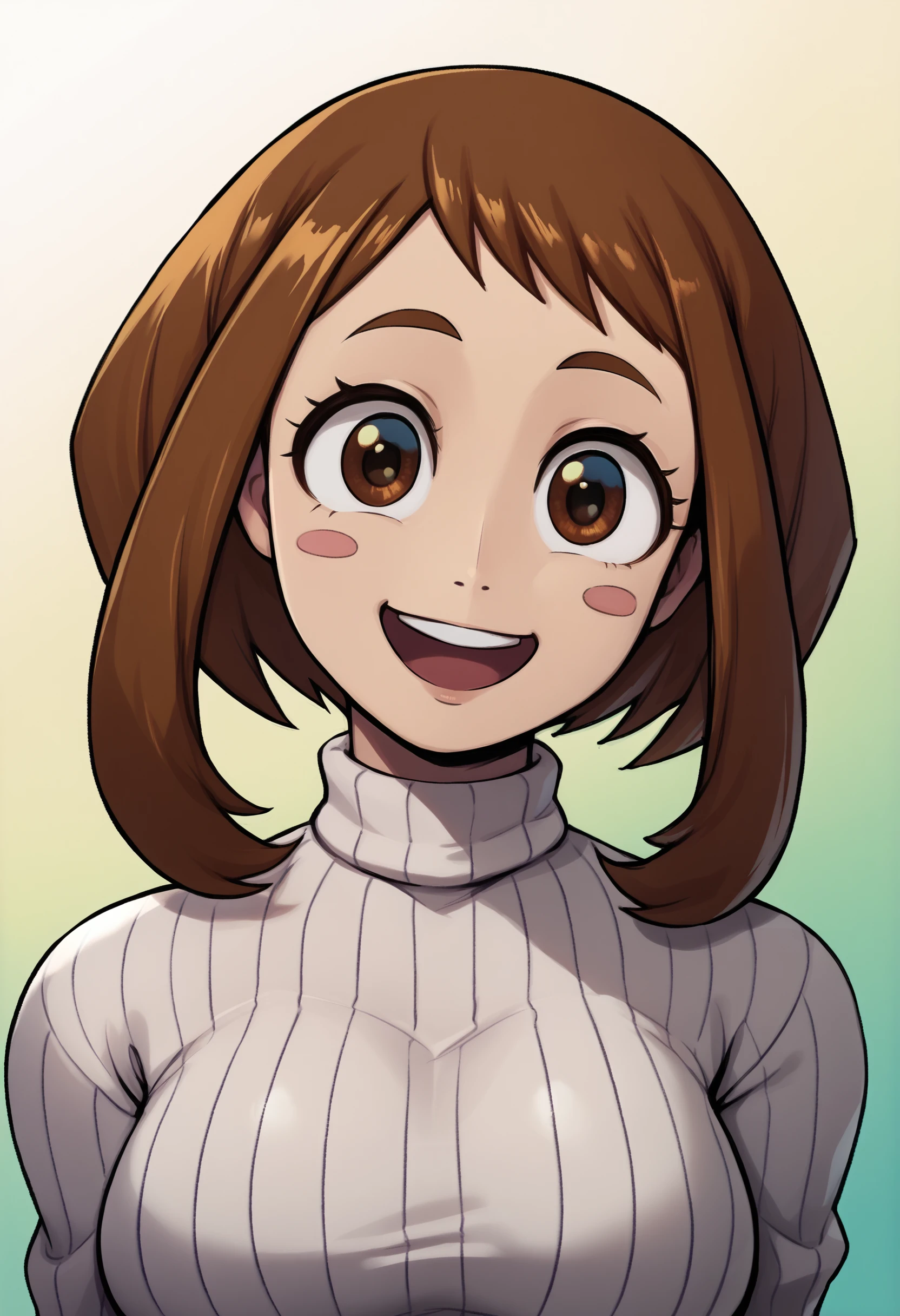 score_9, score_7_up, <lora:rampage0118-guy-PONY-DORAv101:1>, 1girl, solo, uraraka ochako, portrait, ribbed sweater, looking at viewer, head tilt, happy, smile, gradient background