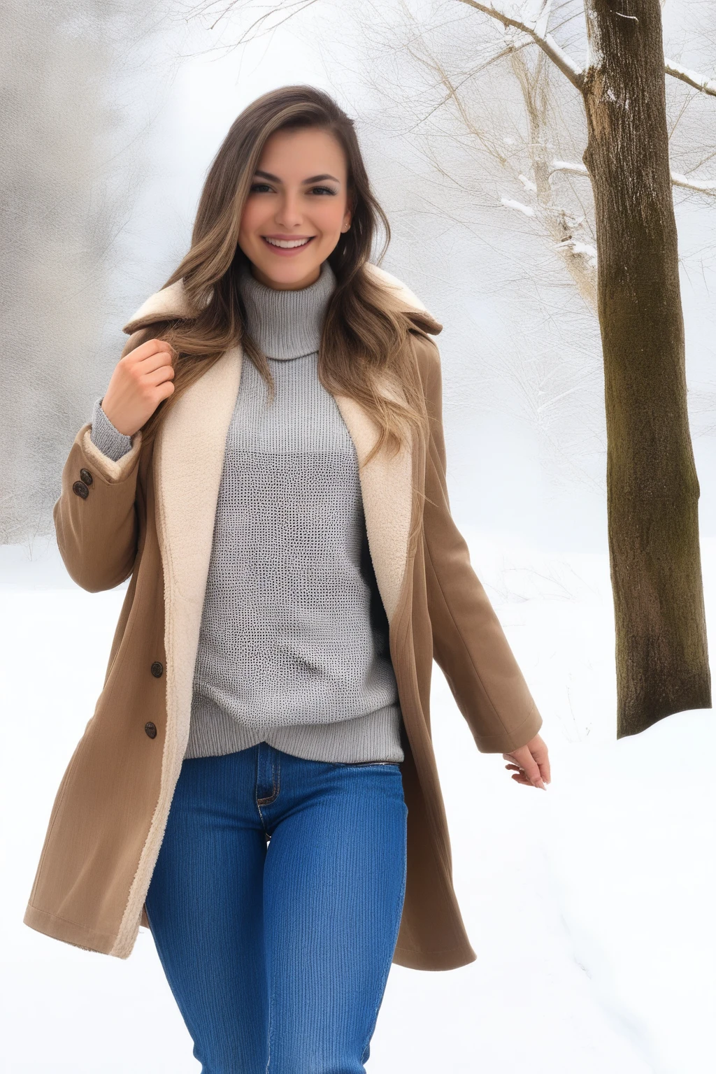 score_9, score_8_up, score_7_up, masterpiece, high quality, BREAK
 <lora:Anllela PonyLoRA:1> anllela, realistic, long hair, brown hair, brown coat, open coat, grey sweater, jeans, walking in the snow, smile