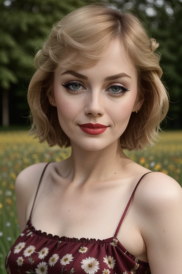 <lora:dianpark-10:0.6>, dianpark,, , ((red lipstick, blush, eyeliner, eye shadow, pale skin)), ((masterpiece, best quality, extremely detailed, high resolution)), ((detailed eyes, detailed face):1.2), ,photo of a woman, RAW, close portrait photo, ((beautiful floral print sundress)),((short hair, pixie cut)), ((outdoors, gorgeous meadow, walking)), 8k uhd, dslr, soft lighting, high quality, film grain, Fujifilm XT3 sharp focus, f 5.6,, slight smile, ((detailed eyes, beautiful eyes, detailed face, beautiful face)),