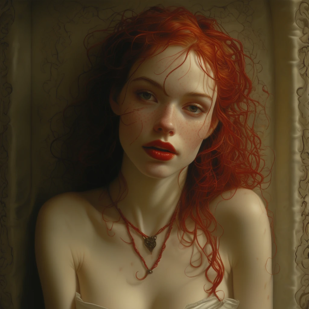 Antique-style surface adorned with intricate designs, a woman with light skin, almost melancholic undertone. fair porcelain skin with a few freckles scattered across her face and upper chest. fiery red hair with a few strands framing her face.  Her lips are a bold ruby red. Her eyes are a deep brown, photo-realistic digital painting featuring a woman with a striking pose, giving an impression of tranquility or possibly a dreamlike state.