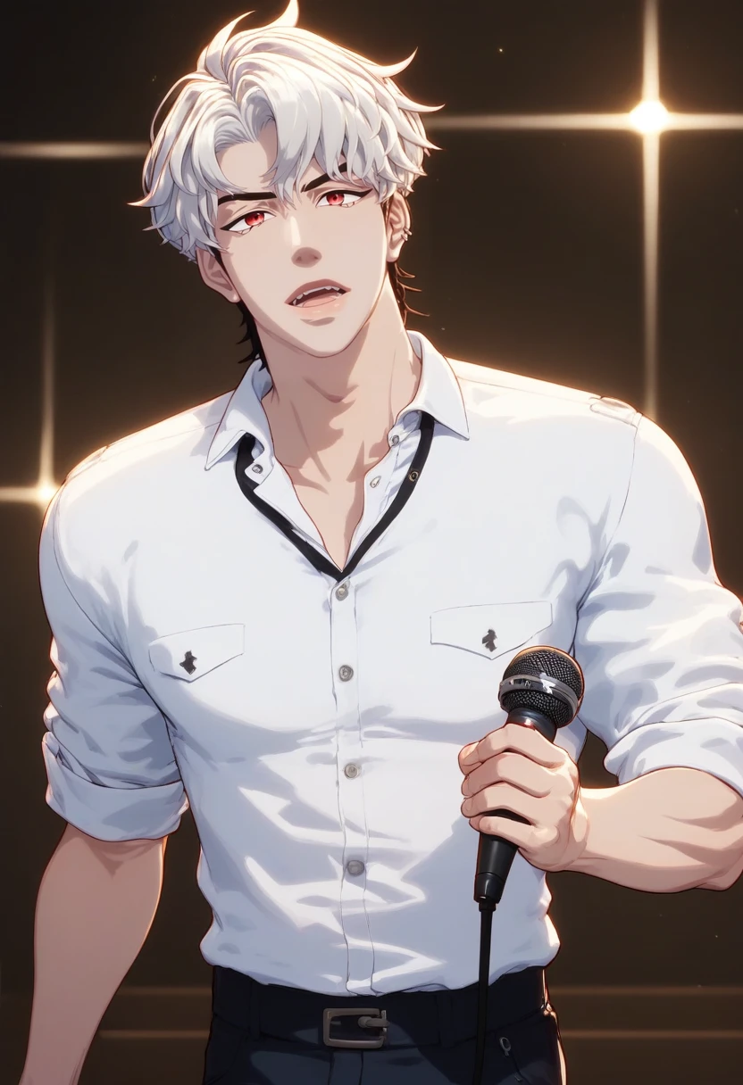 score_9,score_8_up,score_7_up,source_anime,uncensored,
1boy,solo,male,<lora:Eunho>,short hair,two-tone hair,white hair,black hair,red eyes,detailed hair,(highlight:1.3),slender body,looking_at_viewer,thick lips,open mouth,teeth,
posing,microphone,holding,sing,adapted_uniform,collared_shirt,blackpants,cowboy_shot,
Indoor,stage,
<lora:Expressive_H:0.8>,Expressiveh,<lora:artisticjinsky-Pony-XL-v6:0.3>,<lora:aesthetic_anime_v1s:1.2>,<lora:Body weight slider 2_last:1>,<lora:Fixhands_anime_bdsqlsz_V1>,