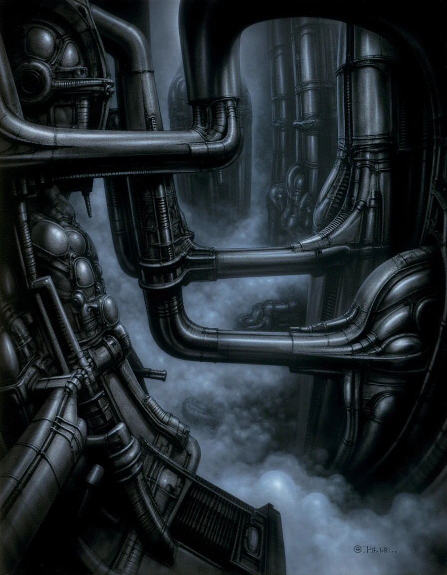 In a dimly lit, cavernous chamber, an overwhelming expanse of intricate industrial machinery sprawls in every direction, each component seamlessly interwoven in a nightmarish tapestry of metal and biomechanical forms. H.R. Giger's airbrush technique reveals a vision of grotesque beauty, with towering phallic pistons rhythmically thrusting in and out of amorphous, vaguely feminine structures, their surfaces glistening with a slick sheen reminiscent of polished latex. The room is enveloped in a thick, swirling steam that hisses and billows like a living entity, carrying with it the heavy scent of oil and the metallic tang of machinery at work. 

The air is thick with tension, a juxtaposition of eroticism and unease that permeates the atmosphere; every watchful corner is infused with a sense of voyeurism. Gleaming surfaces reflect shadowy contours, creating an unsettling interplay of light and dark. The machines appear to breathe, hissing and pulsating as if they possess a life of their own, their rhythmic movements eliciting an uncomfortable response in anyone who dares to step closer. In this haunting space, the viewer is confronted with an arresting blend of alluring mechanism and unsettling organic forms, a visceral reminder of the raw power and peril hidden within the machinery's embrace.