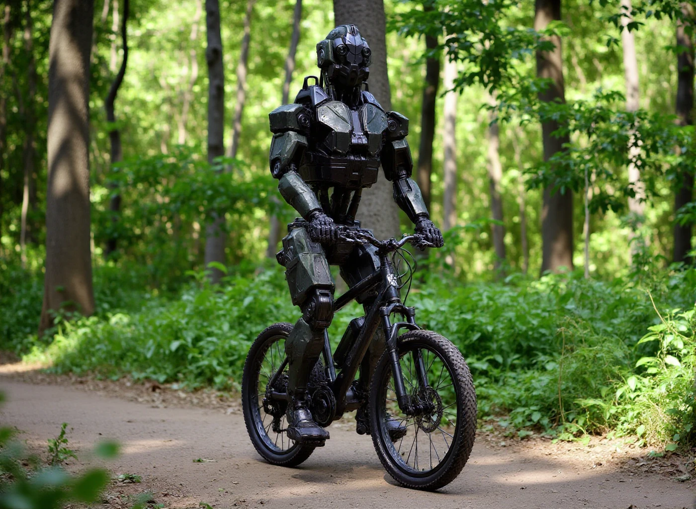 Monster of man robot is riding a bicycle in a park <lora:Monster_of_man:0.9>