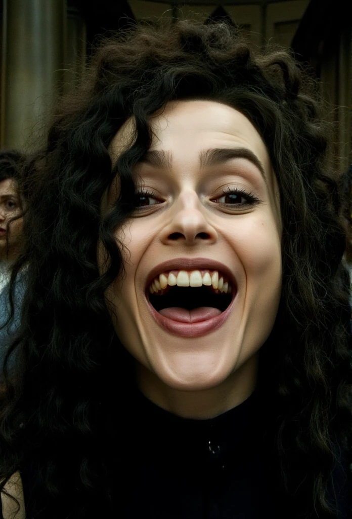 Bellatrix Lestrange is a woman, closeup face portrait. She smiles and she has bad teeth <lora:Bellatrix_Lestrange:0.9>