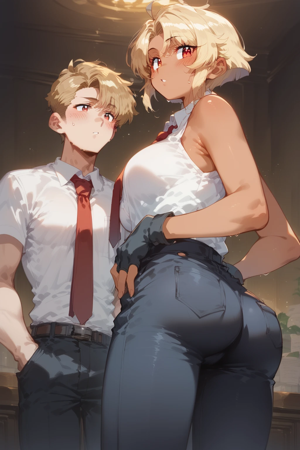 beautiful tall woman, beautiful face, medium bob cut blonde hair, light blue eyes, two points glasses, medium breasts, blue denim jacket, white long pleats skirt, She holds to the boy from behind, back hugging, she's teasing his penis from behind, handjob, lustful smiling with breath, my room, pastel 2d art, matte painting, anime, masterpiece 