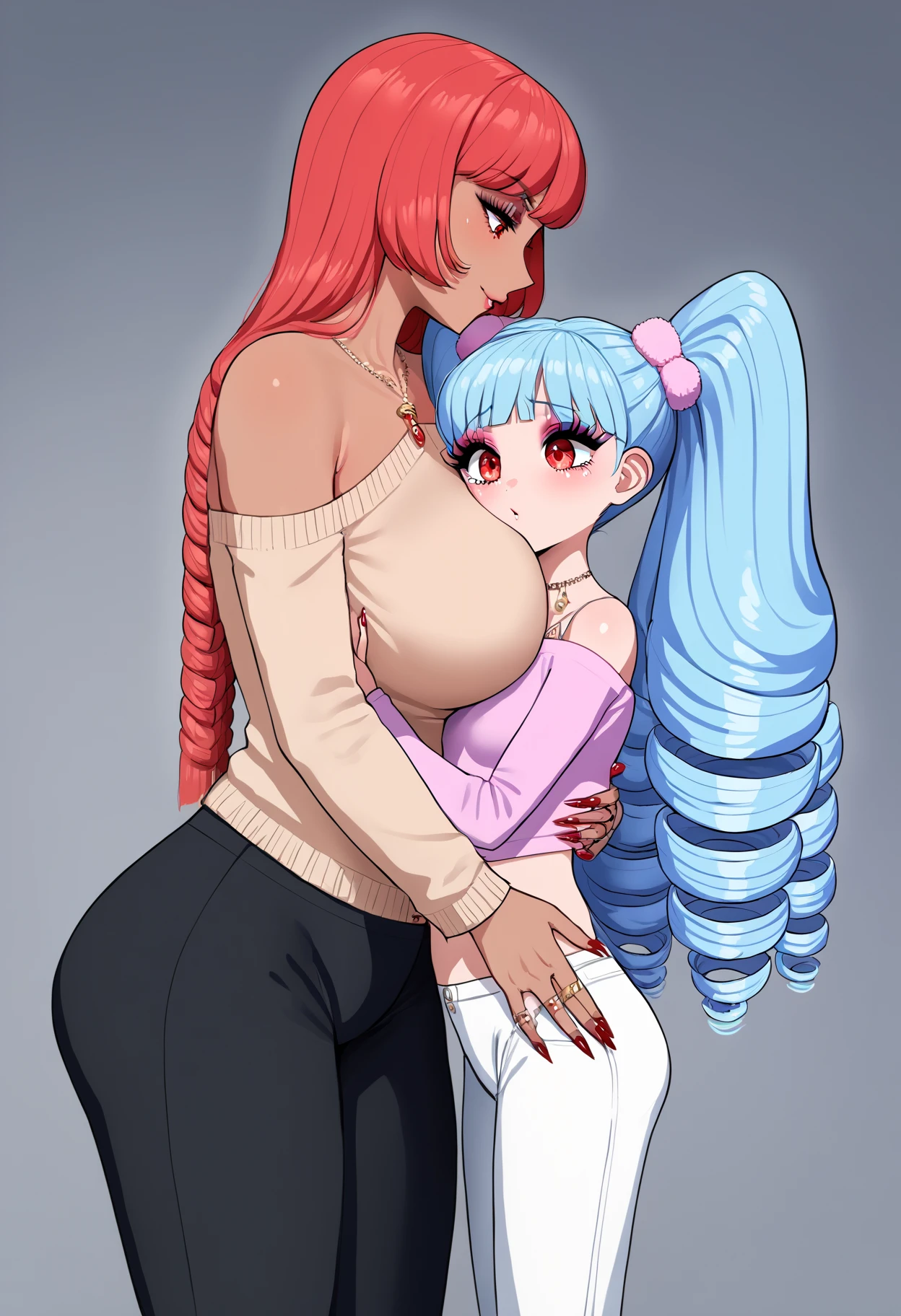 score_9_up, source_cartoon,2girls, valentina,solo, makeup,red eyes, eye contact,blue hair,  bangs, bare shoulders, jewelry, twin drills, mrs.morgan, red hair, sweater, size difference, large breasts, small breasts, petite, curvy, pants, hug, long hair, braid, dark-skinned female,