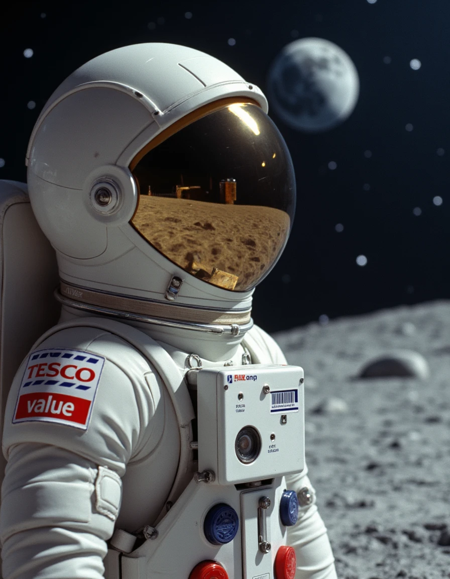 A close up of an astronaut with a large Tesco Value logo patch on the arm of his simplistic spacesuit, the front of the suit has some basic looking dials and switches, on the moon   <lora:Tesco_Value:1>