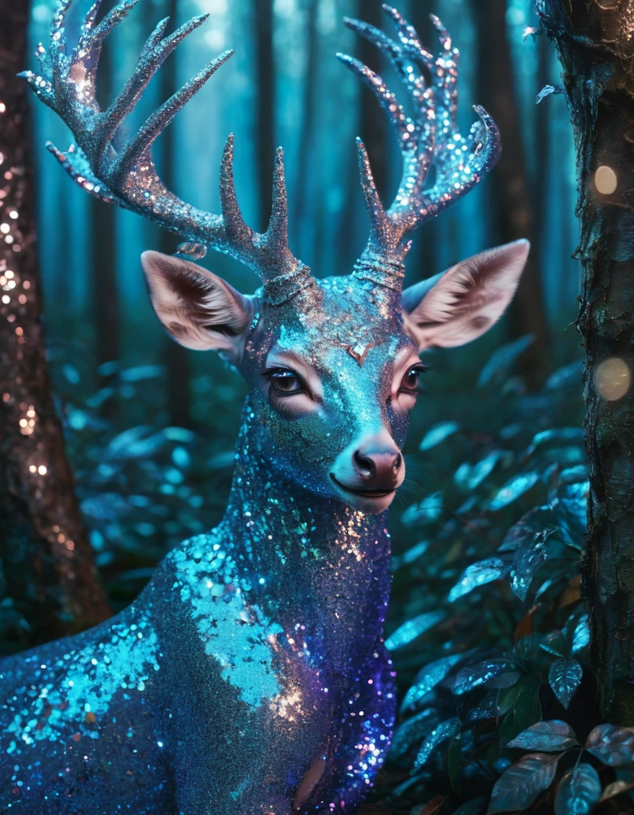 <lora:103_novuschroma_1:.7> deer in an enchanted forest novuschroma style glitter