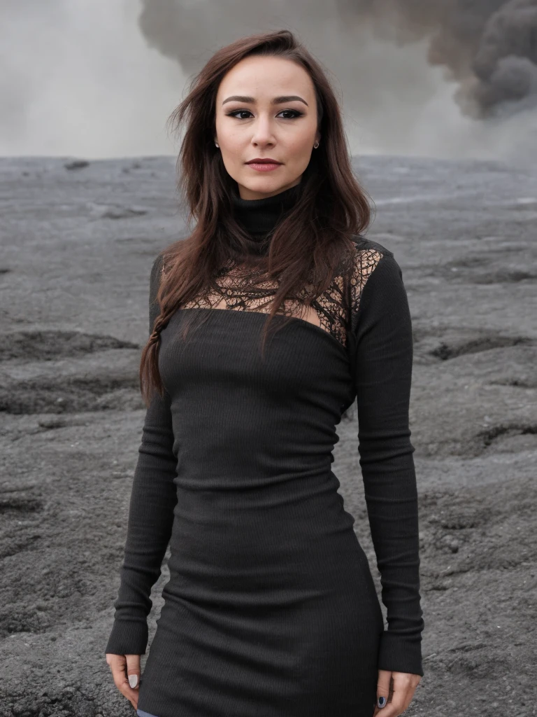 score_9, score_8_up, score_7_up, score_6_up, (high quality, best quality), photorealistic, 
a professional absurdres sharp focus intricately detailed full (torso:1.2) photograph of a beautiful 1woman  (Danielle_Harris:1.1),
wearing a long turtleneck dress and dark maroon lipstick, smokey eye make-up, rainbow-colored long braided hairstyle,  
dancing in a smoldering volcanic caldera,
<lora:Danielle_Harris-SDe14:0.8>