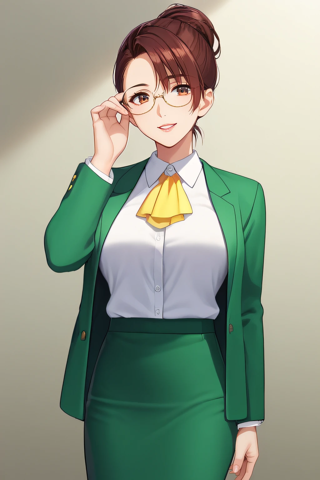 score_9, score_8_up, score_7_up, source_anime, rating_safe, intricate details, anime screencap, official style, solo, 1girl, <lora:Serizawa_Yoshiko:1>, yoshiko, brown hair, brown eyes, black-framed_eyewear, round glasses, collared shirt, large breasts, white shirt, yellow ascot, green blazer, green skirt, pencil skirt, open clothes, cowboy shot, looking at viewer, smile, parted lips, adjusting eyewear, single hair bun