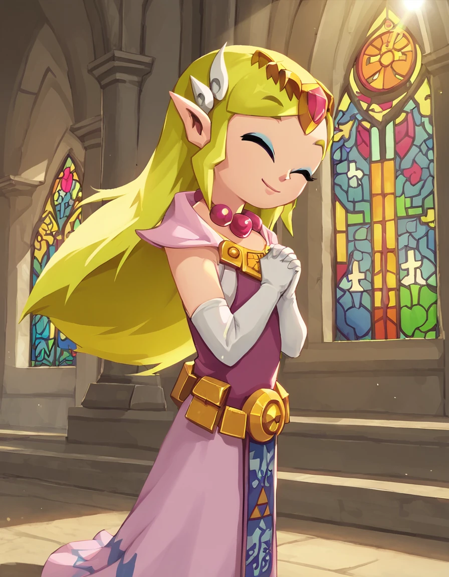 <lora:ToonZelda1.5:1> toonzelda,2d, 1girl, solo, pointy ears, pink dress, long hair, hair ornament, capelet, blonde hair, tabard, elbow gloves, pearl necklace,open clothes, belt, head tilt,praying,closed eyes,   own hands together, from side, score_9, score_8_up, score_7_up, score_6_up, score_5_up, score_4_up,smile, church,sunlight, sunbeam,