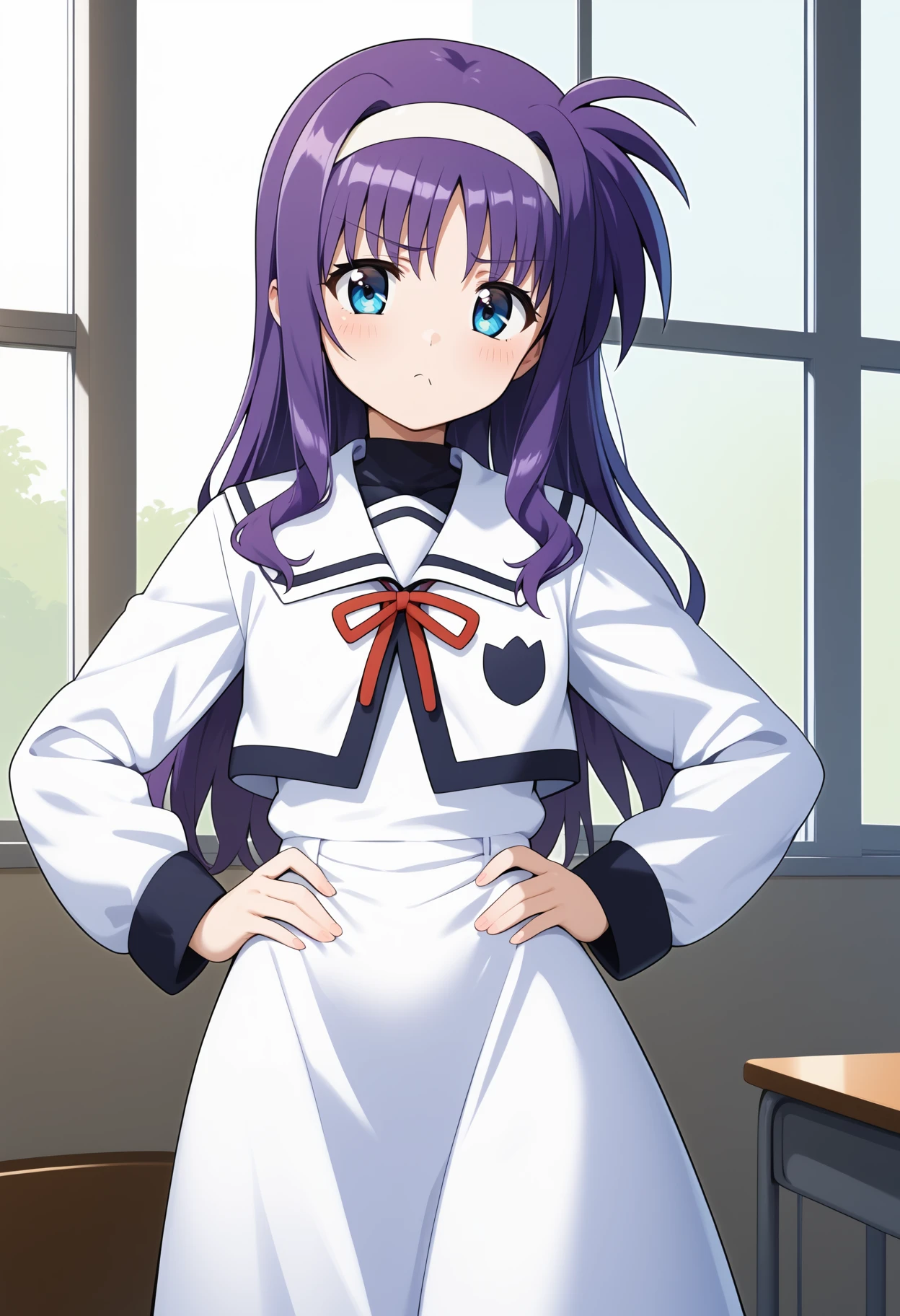 score_9, score_8_up, score_7_up, score_6_up, score_5_up, score_4_up, source_anime, aasuzuka, long hair, purple hair, white hairband, blue eyes, small breasts, school uniform, sailor collar, neck ribbon, white shirt, sailor dress, long dress, long sleeves, <lora:tsukimura_suzuka_ponyxl_v1:0.9>, standing, cowboy shot, indoors, hands on own hips, pout,