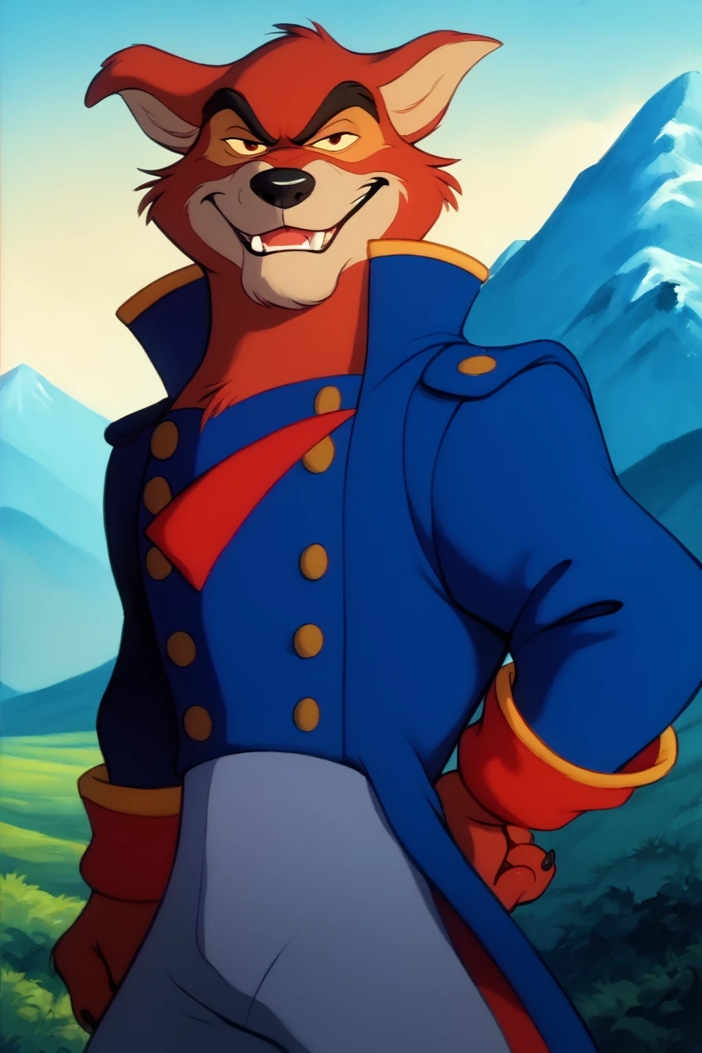 score_9, score_8_up, score_7_up, score_6_up, looking at viewer, close up, devious, devious smirk, fangs, red wolf, anthro, furry, male, blue captain suit, pants, boots, standing confident, mountain background, retro artstyle, traditional media, dramatic lighting<lora:Don_Karnage_Talespin_PonyXL:1> <lora:Disney_Renaissance:1>