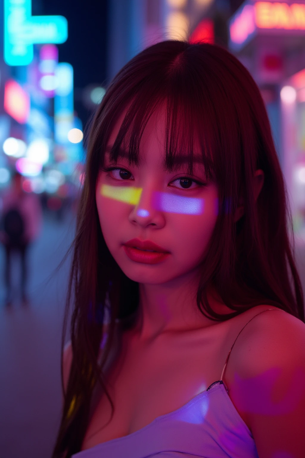 Instagram close-up portrait of young woman J3nn1 illuminated by vibrant neon lights. The scene captures her face in soft focus, with glowing neon colors reflecting off her skin, creating a mesmerizing play of light. Her makeup is bold and artistic, featuring vibrant colors that complement the neon hues. The background is a blurred cityscape, filled with neon signs and lights that enhance the urban nightlife vibe. The atmosphere is dynamic and modern, evoking a sense of energy and allure, with the neon lights casting a dreamy glow around her.