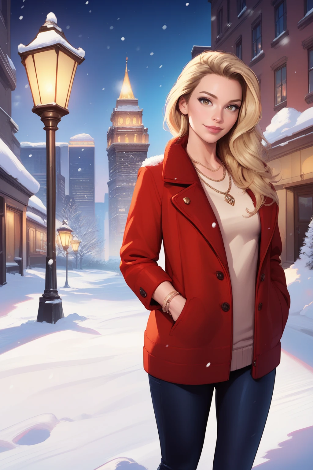 score_9, score_8_up, score_7_up, masterpiece, high quality, BREAK
 <lora:BebahanPonyLoRA:1> realistic, beba, brown hair, blonde hair, long hair, looking at viewer, necklace, bracelet, in snow, snowy, city, evening, lanterns, wearing red coat, sweater, pants,