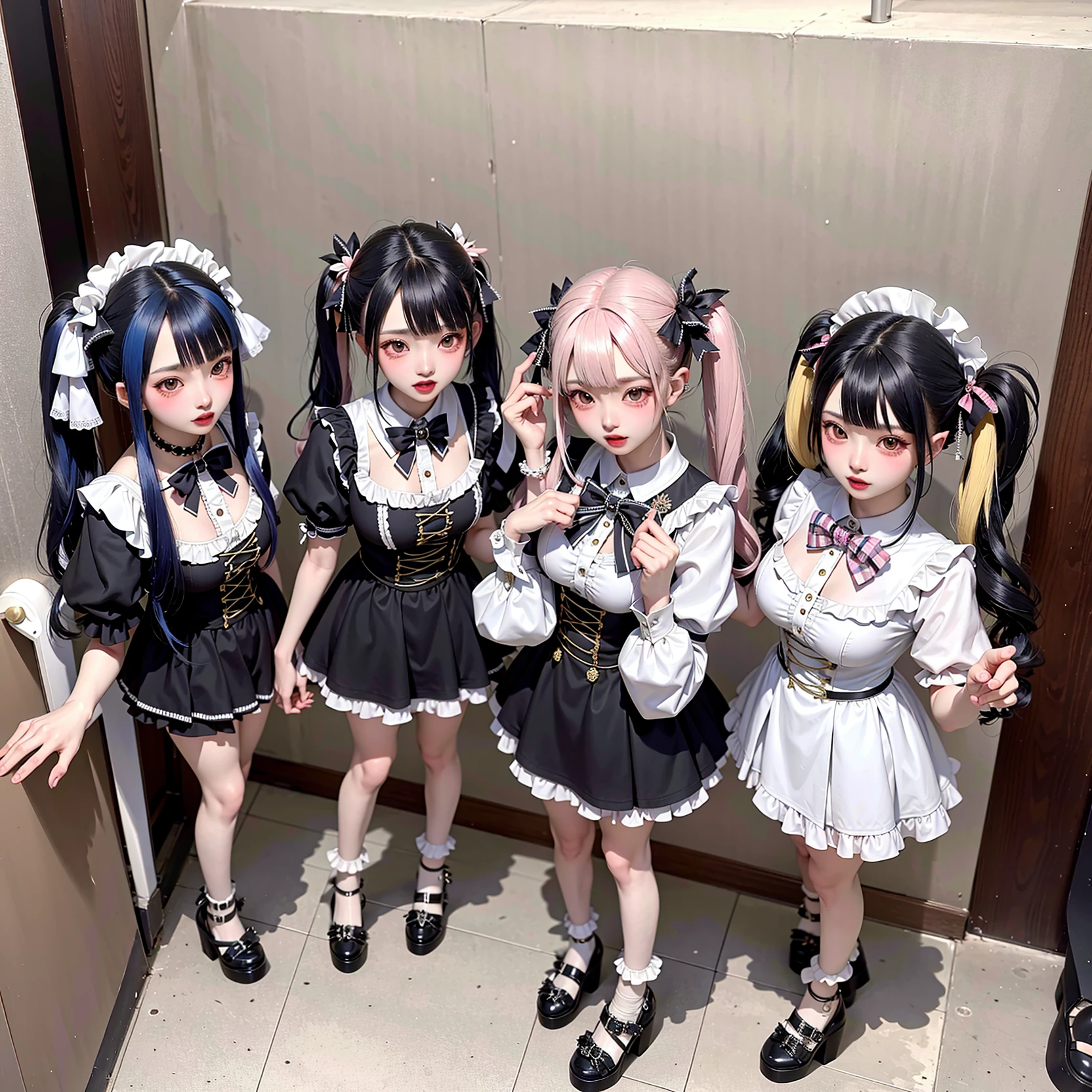 8K resolution, surreal, Super detailed, high quality, perfect anatomy, perfect proportion, full body,
((((A group photo of home party, crowded festival in gothic room, 8 girls, group photo)))),
(((((tight clothes, jirai fashion, sailor collar, sailor uniform with many frills, Lace, pleated skirt, micro mini skirt, bow ribbon))))),
(((black clothes | pink clothes | navy clothes))),
((grin, smile, happy)), ((((wearing black face mask)))),
((((bright bleached hair | silver hair | gold hair))))+, ((super large breasts)), hposing,
(((shiny detailed oiled porcelain skin))),
((At the luxurious bedroom at late night)), (((see-through black thighhighs))),
looking at viewer