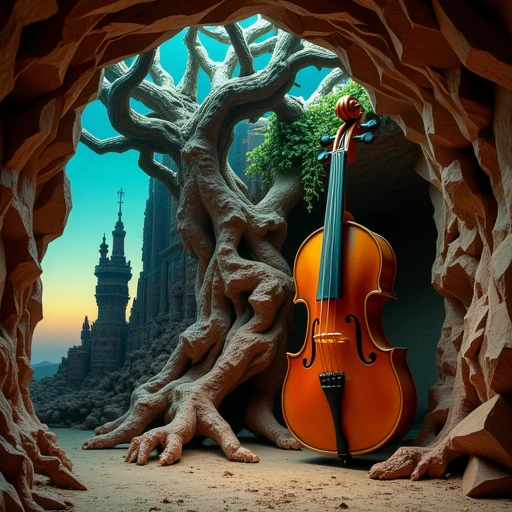 gnarled tree with intertwining branches. The violin, creating a harmonious blend of indoor and outdoor spaces. The room's ceiling and walls are designed to resemble jagged, showcasing a surreal, and yellow, smoke, otherworldly landscape under a gradient sky transitioning from deep blue at the top to a lighter shade at the bottom, dystopian environment. The dragon, displaying intricate, reddish-brown blocks, tower, and blue hues, angular body and legs, greens, giving the impression of swirling, arid desert landscape. The central focus is a massive, stylized carrot standing upright in a dark