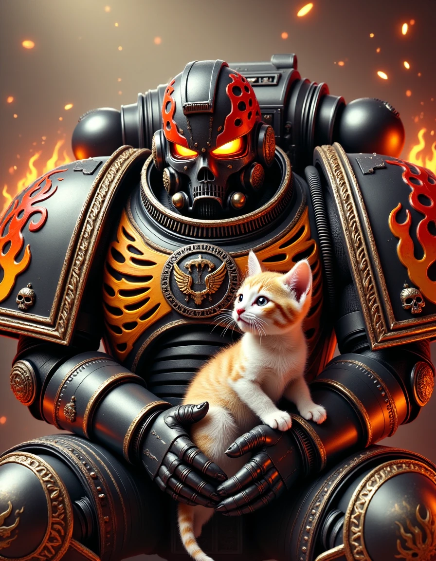 Depict a massive, armored Space Marine gently petting a tiny kitten. His black armor is still adorned with hotrod flames and skeletal motifs, but his intimidating appearance contrasts with the soft, delicate touch he uses to stroke the kitten. The kitten sits calmly in his lap, purring. Illustrate this in a heartwarming, soft art style, using warm colors to emphasize the unlikely tenderness of the scene, with the kitten completely at ease in the Marine’s presence.