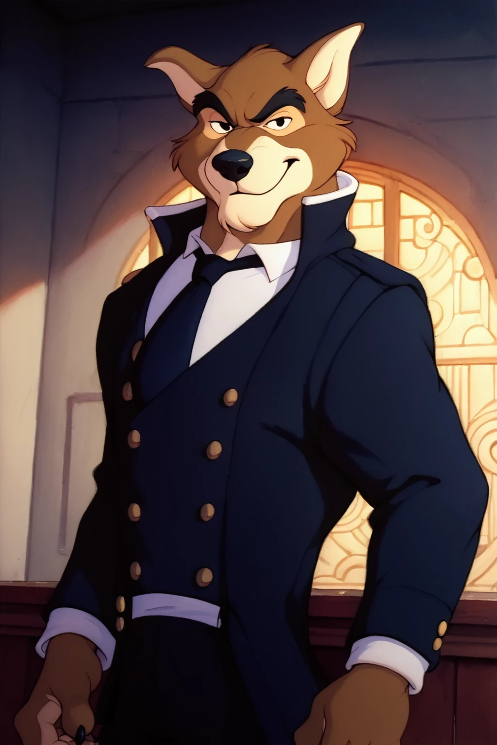 score_9, score_8_up, score_7_up, score_6_up, front view, looking at viewer, black eyes, wolf, anthro, furry, brown fur, male, seductive expression, black suit, tie, black pants, standing, inside, buildingbackground, retro artstyle, traditional media, dramatic lighting<lora:Don_Karnage_Talespin_PonyXL:1> <lora:Disney_Renaissance:1>