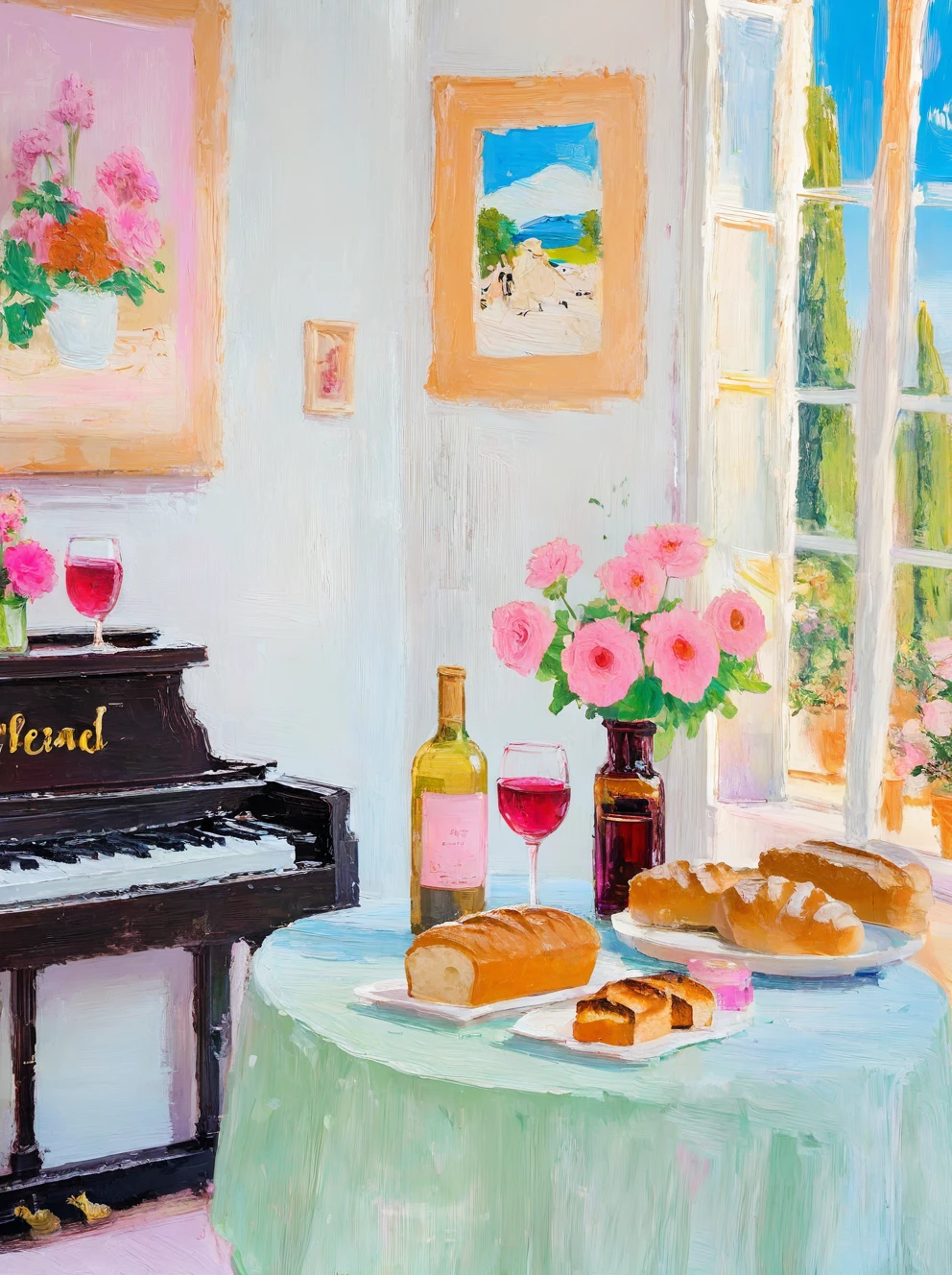 ,chuangwai,bread,flower,food,painting \(object\),wine glass,cup,vase,piano,drinking glass,window,table,instrument,indoors,no humans,scenery,pink flower,wine,traditional media,alcohol,<lora:shanlin9:0.8>