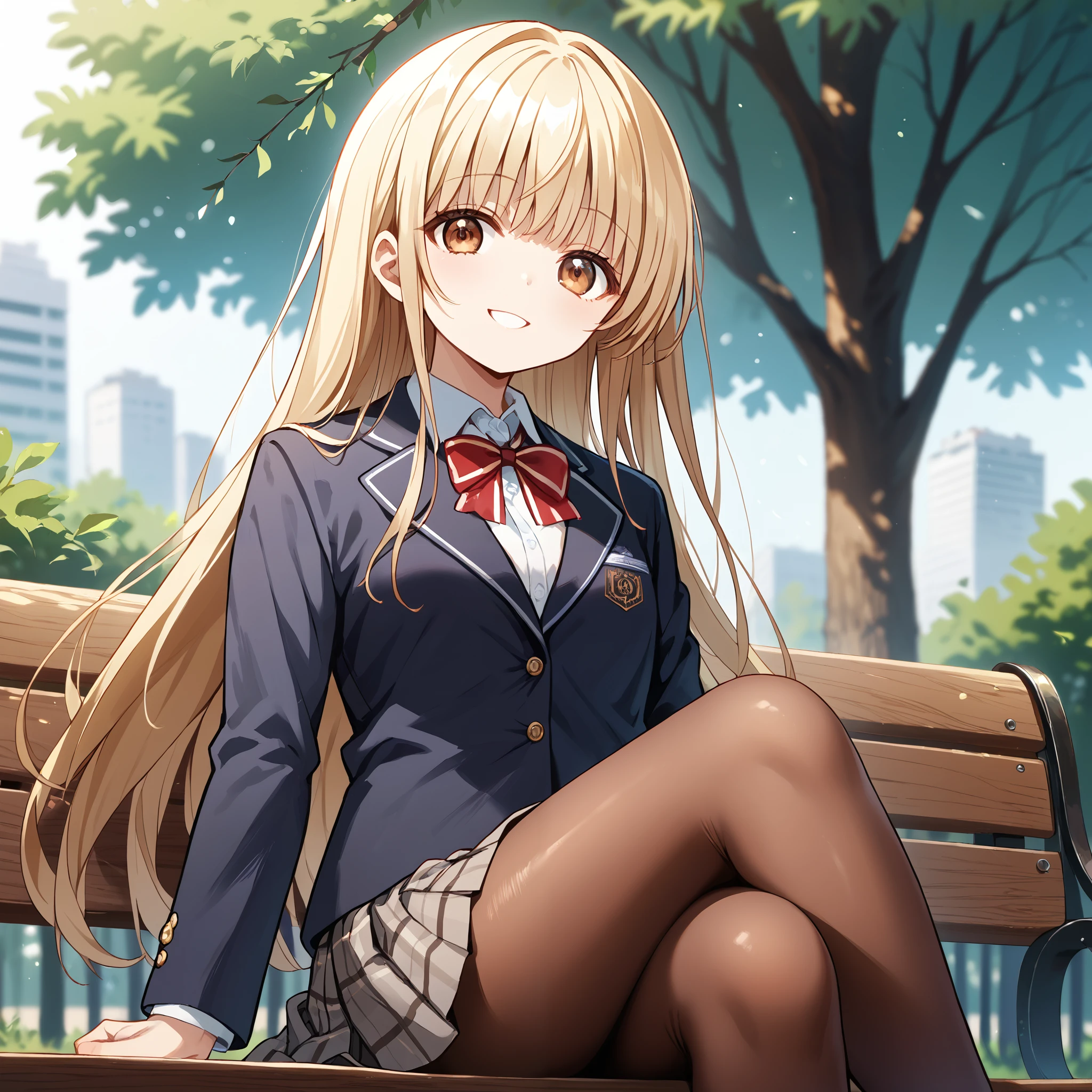 score_9, score_8_up, score_7_up, score_6_up, score_5_up, score_4_up, BREAK source_anime, look at viewer, rating_safe,  1girl, solo, park, sitting, crossed leg, from below, smiling, bench, close up, depth of field, masterpiece, best quality, high detailed skin,   shiina mahiru, brown eyes, long hair, blonde hair, school uniform, black jacket, blazer, long sleeves, red bow, white shirt, collared shirt, grey skirt, plaid skirt, brown pantyhose,