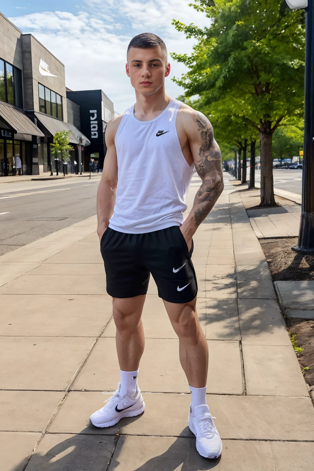 outdoors, sidewalk of shopping center, Nike store in background, standing, cocky, confident, MaxBarz is a ChavAlpha, chav, black Nike, white tank top, black Nike shorts, black Nike sneakers, white socks, hands in pockets, (((full body portrait))), wide angle   <lora:ChavAlpha:0.65>  <lora:MaxBarz:0.8>