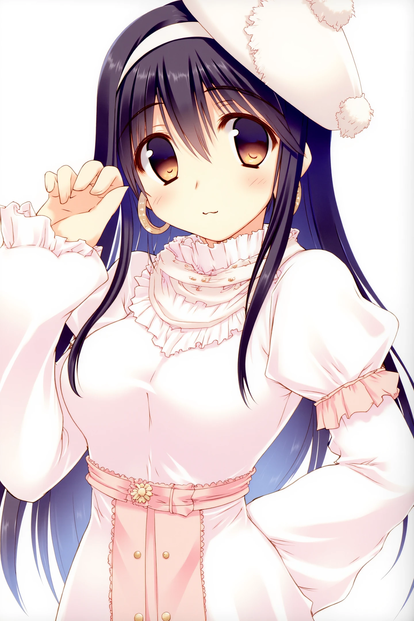 1girl,solo,jewelry,long hair,hat,earrings,looking at viewer,long sleeves,necklace,brown eyes,white headwear,bangs,smile,blush,closed mouth,upper body,white sweater,hoop earrings,sweater,beret,hand up,dress,puffy sleeves,flower,puffy long sleeves,black hair,parted bangs,turtleneck,hair between eyes,turtleneck sweater,
<lora:Amaduyu Tatsuki_FLUX:1>,