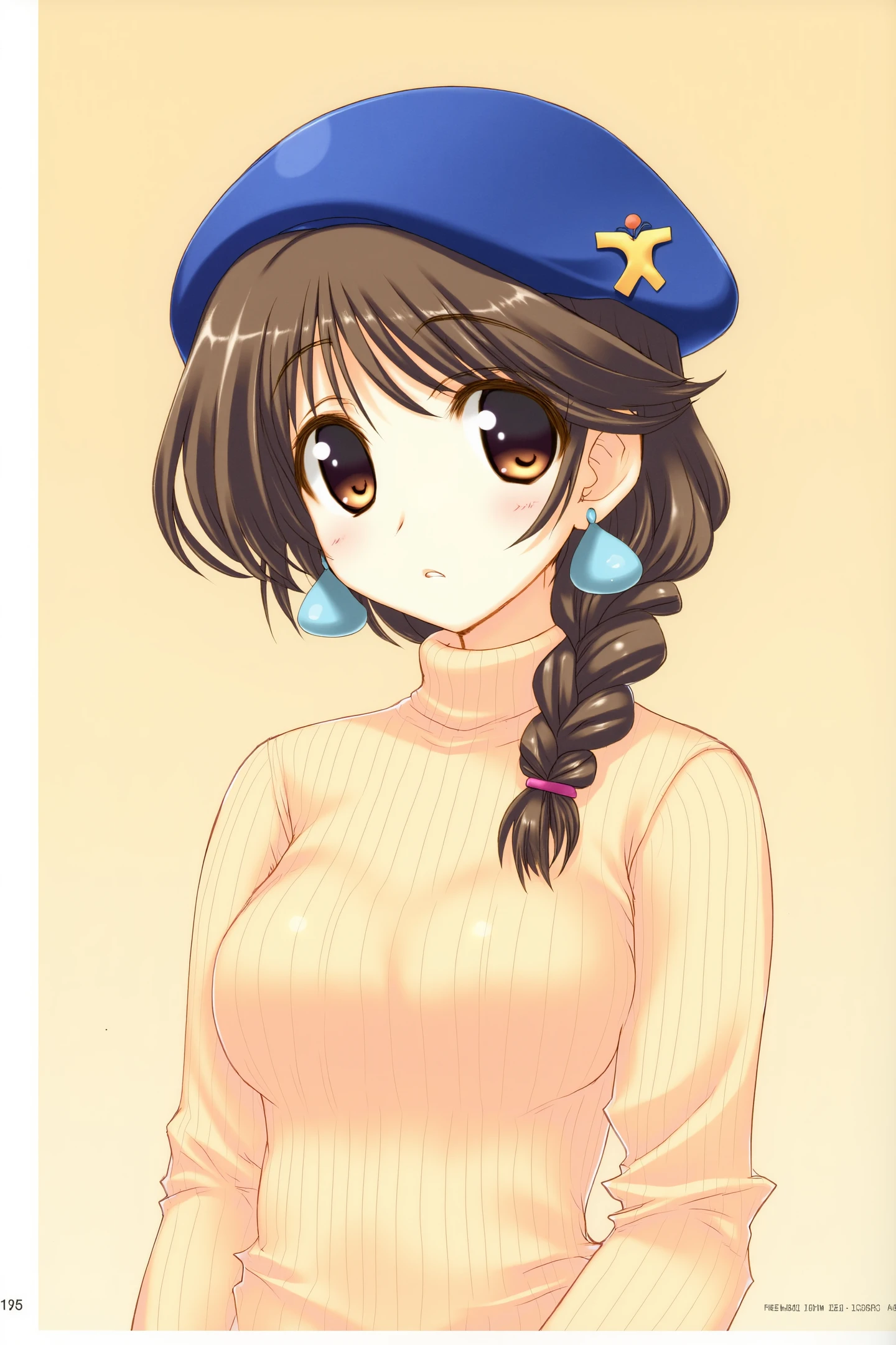 This is a digital drawing in an anime style, featuring a young woman with a gentle, serene expression. She has large, expressive brown eyes that are slightly glossy, giving a soft, dreamy quality to her gaze. Her hair is voluminous and styled in a thick, braided ponytail that drapes over her right shoulder, with the braid ending just below her waist. The hair is a rich, dark brown, with a glossy sheen that reflects light. She wears a blue beret adorned with a small golden emblem on the front, which adds a touch of elegance to her appearance. Her attire includes a beige, turtleneck sweater with a ribbed texture, which suggests a cozy, winter theme. The sweater is long-sleeved, and she is wearing large, blue, teardrop-shaped earrings that complement her outfit. The background is a plain, beige color, which ensures that the focus remains on the subject. The overall composition is clean and well-balanced, with no distracting elements, allowing the viewer to fully appreciate the character's features and attire.
<lora:Amaduyu Tatsuki_FLUX:1>,