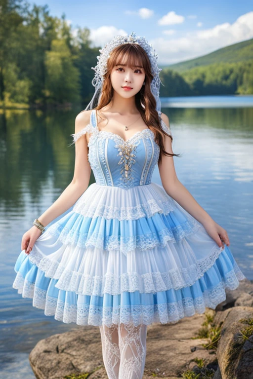 (masterpiece, best quality:1.2),illustration,8k,hd,1 girl,very long hair,solo,(collarbone:1.2),looking at viewer,
bswq,dress,white dress,blue dress,jewelry,necklace,pantyhose,lace,lace trim,lace-trimmed dress,sleeveless dress,((cleavage)),big breasts,outdoors,(day, lake:1.5),extremely detailed dress,crystalstexture skin,front view,<lora:bswq XL:1.5>,