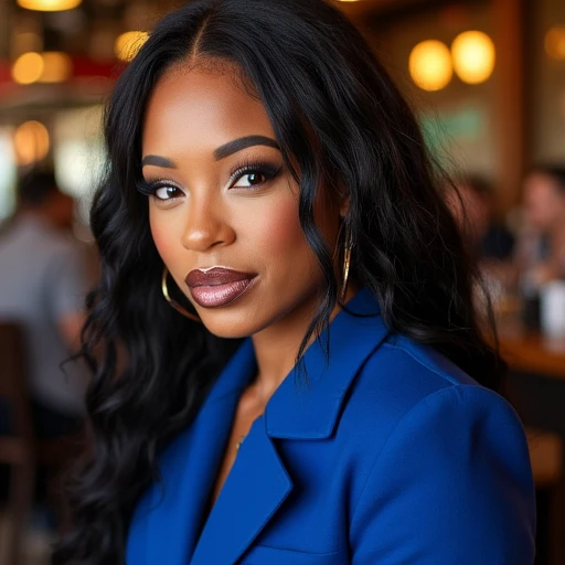 Close-up photo of woman wearing a blue coat at a bar