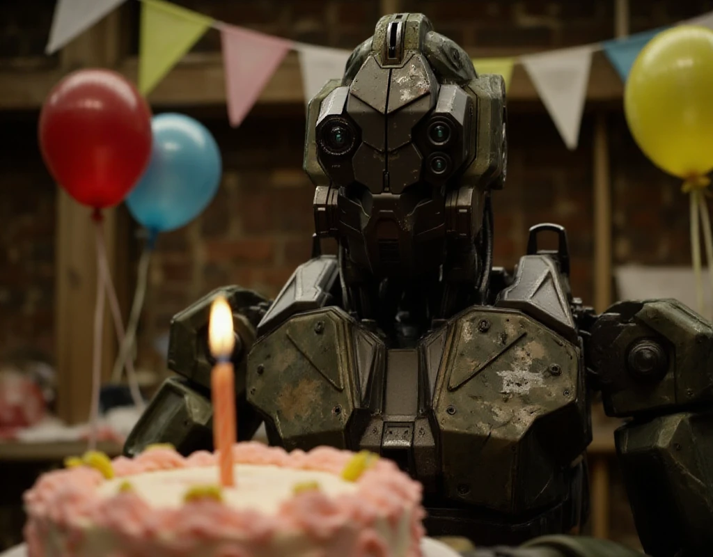 Monster of man robot is sitting in front of a birthday cake with a candle. Balloons and birthday decorations <lora:Monster_of_man:0.9>