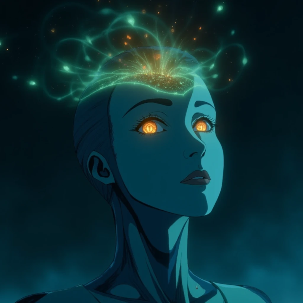 Anime screencap featuring a Minimalist and abstract side profile of a robot woman with a universe sprouting from her mind as she opens her eyes and attains consciousness for the first time in the dark. She has beautiful and intelligent bright orange eyes brimming with knowledge and benevolence. Mostly in hues of blue and green. , <lora:Alba_Baptista_FLUX_v1-000058:1>