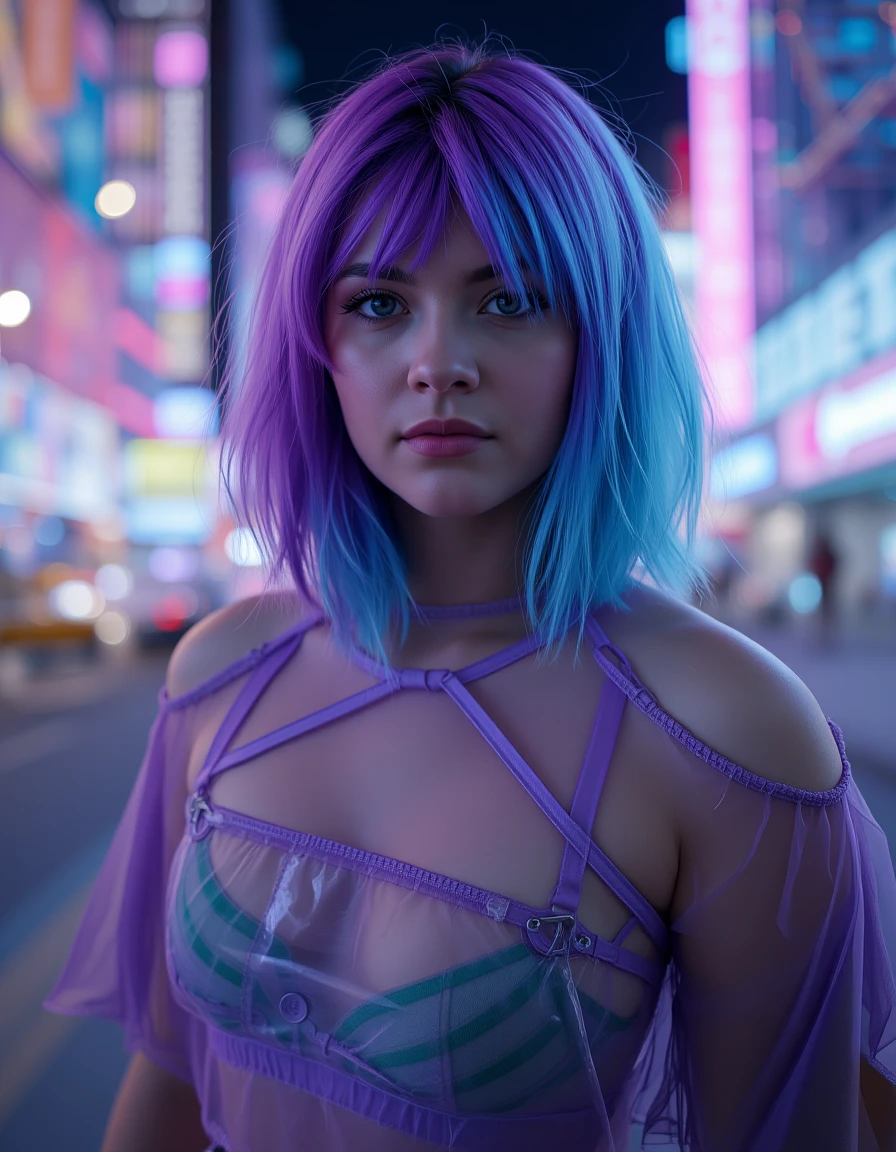 Generate 8k realistic photo portrait of a beautiful woman 30 years old with purple and sky blue hair, with futuristic clothes, in a cyberpunk city. In the style of Brandon Woelfel photography. 45 degrees from the camera. 85mm f1.4