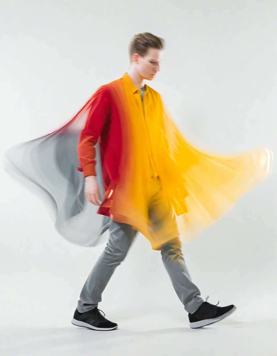  abstract, motion blur, warm color palette, male figure, red yellow dominant colors, 1boy, solo, surreal effect, (multiple exposures:1.1), ghosting image, contemporary portrait, overlapping visual elements, gradient, soft focus, fashion, casual, pale skin, gradient long exposure lights, white background, pale grey 3d shapes near subject