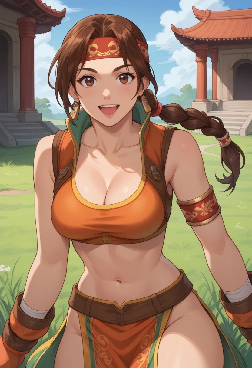 score_9, score_8_up, score_7_up,  source_anime,  BREAK solo, 1 girl,  <lora:SC2SeongMina:1>, SNGMINASC2, brown hair, low ponytail, headband, orange sleeveless crop top, cleavage, midriff, loincloth, armlet, fingerless gloves,  smile, open mouth, looking at viewer,  breasts, 1 girl , solo, grass, temple, sky,