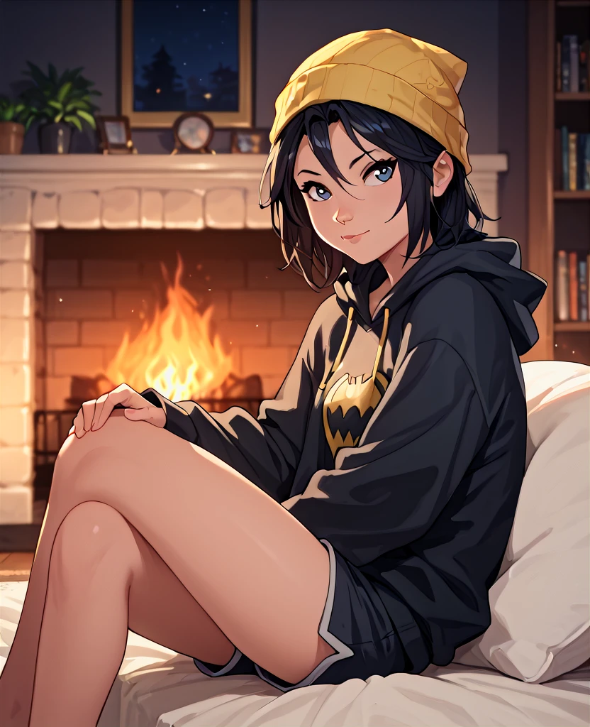 score_9, score_8_up, score_7_up, cute girl, <lora:DC_Cassandra_Cane:1> cassandra cane, dc, 1girl, solo, black hair, hoodie, sitting, living room, shorts, fireplace, mantle, yellow beanie, night, dark, backlit