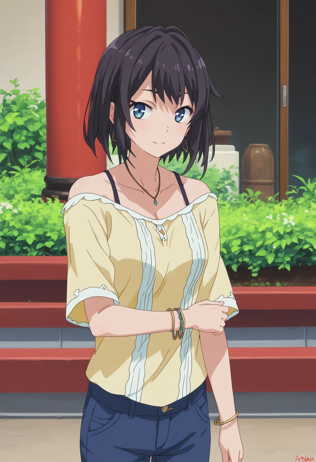 score_9, score_8_up, score_7_up, source_anime,
BREAK
1girl, solo, 
<lora:shiYukSisV1:1>, harudef, short hair, black hair, blue eyes, 
cleavage, jewelry, collarbone, necklace, bracelet, blue pants, off-shoulder shirt, off shoulder, 
yellow shirt,
looking at viewer, smile,  blush,