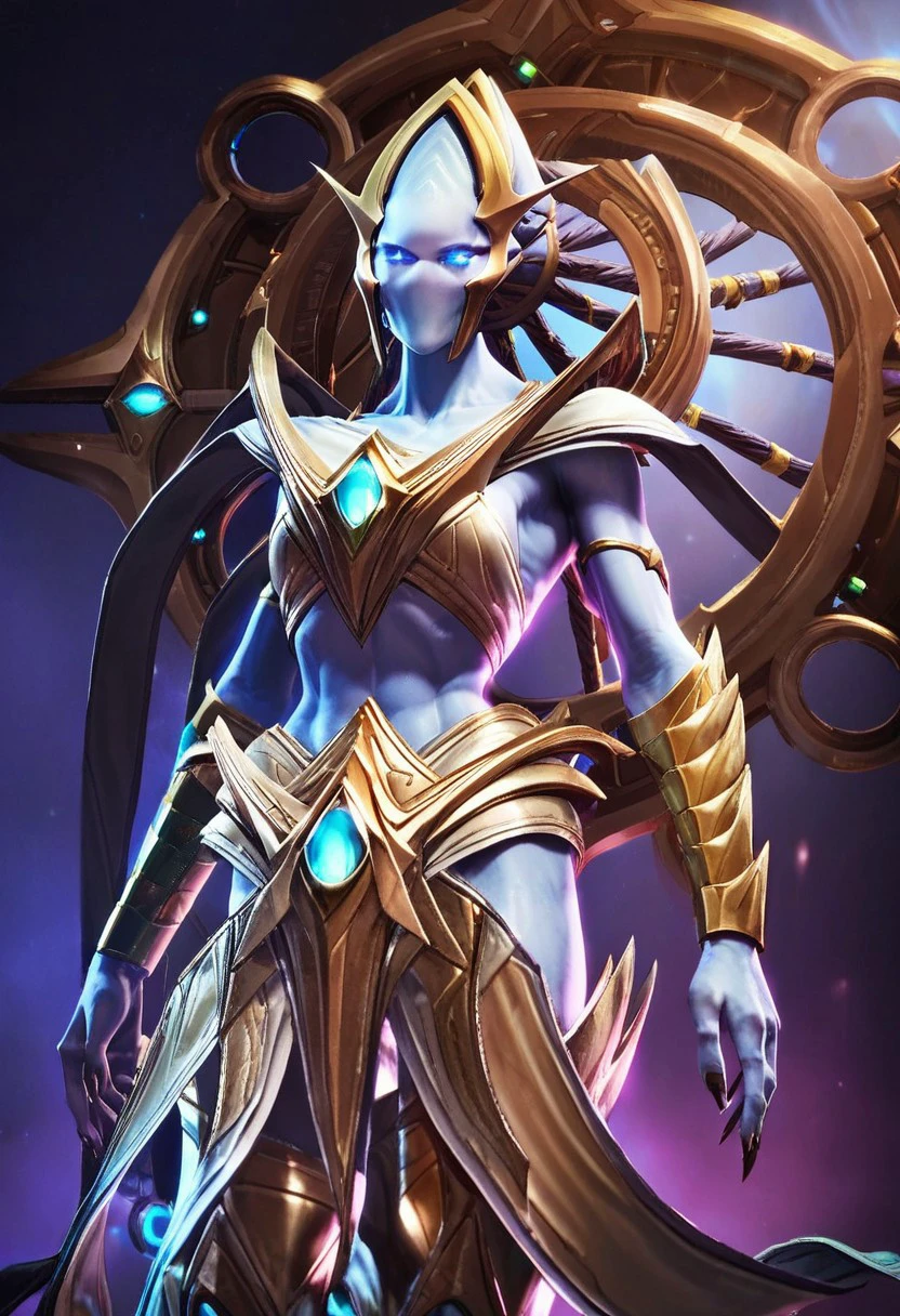 Rohana,1girl,solo,protoss girl,no mouth,no nose,no ears,elongated head,glowing eyes,alien girl,blue eyes,armor,colored skin,pauldrons,braids,vambraces,gold armor,helmet,pelvic curtain,breastplate,,seductive pose,score_9, score_8_up, score_7_up, beautiful aesthetic, very intricate, high quality details,vibrant, highly detailed, award-winning, professional,anime artwork, anime style, studio anime, athletic, toned female,muscular milf,curvy body, athletic girl,fit girl, ,looking at viewer, pinup pose,teasing, dynamic lighting, cinematic, smug, better than you, aura of temptation, highly detailed, high resolution, masterpiece, detailed clother, detailed background, highly detailed, ((sound effects)) comic layout,