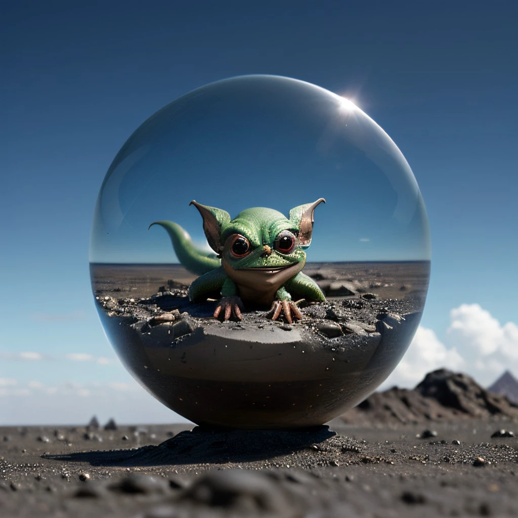 masterpiece, best quality, intricate photo, glass sphere with highly detailed gremlin in the wasteland, Background blue cloudy sky, hyper realistic, highly detailed, sharp focus, high resolution, 8K, <lora:GlassSphere_v12:0.3>
>