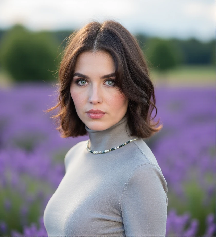 80mm lens. F2.8. . photography. f/2.8 , bokeh, outdoor, standing, Summer turtleneck in pearl gray organic cotton,   A lavender field in full bloom, <lora:isabelle-adjani-flux-1s0b4:1> 1s0b4