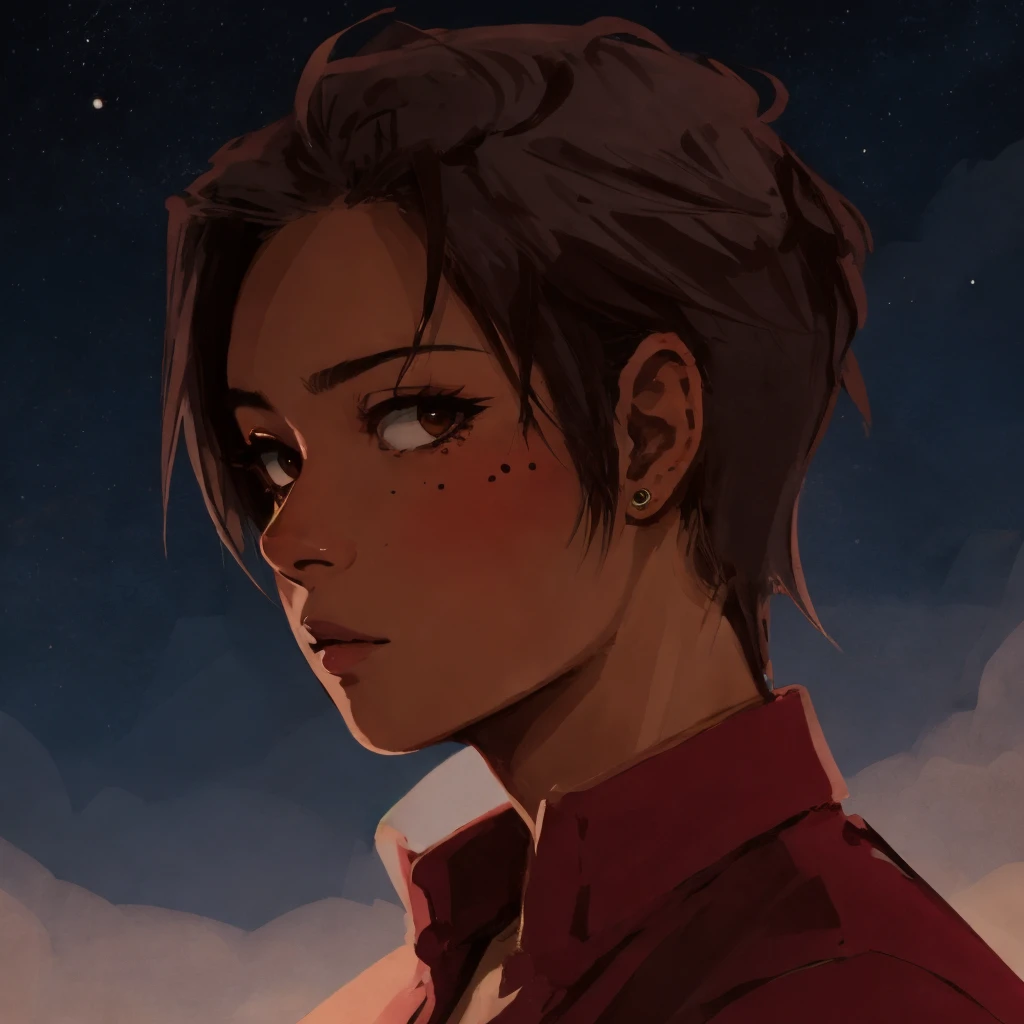 <lora:roxlora:0.6> (rox), portrait, painted style, (anime style:0.7), facing side, side portrait, night sky background, brown eyes, cold lighting, backlit, 1girl, dark skin, mole under eye, high quality, best quality, masterpiece