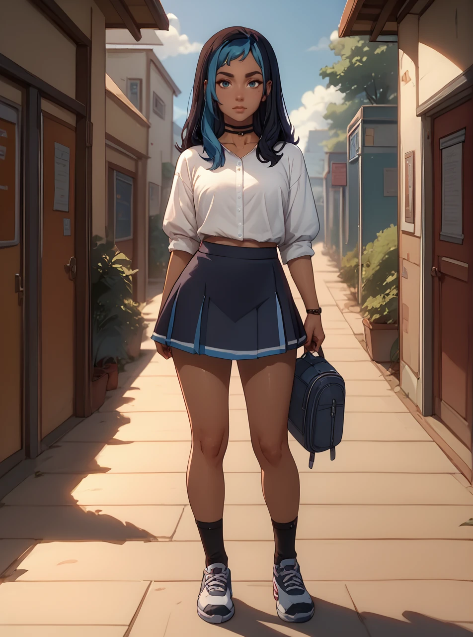 score_9, score_8_up, score_7_up, <lora:hannahpxl:1>, hannahpxlm, 1girl, cartoon, western animation, looking at viewer, flat colors, outline, full body, dark skin, two-tone hair, standing in high school, black hair, blue hair, skirt,