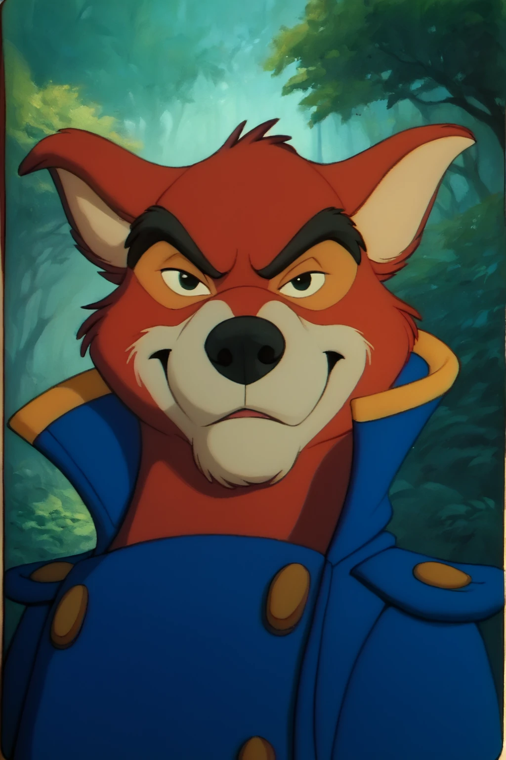 score_9, score_8_up, score_7_up, score_6_up, looking at viewer, close up, devious expression, black eyes, red wolf, anthro, furry, male, blue captain suit, pants, boots, outside, forest background, retro artstyle, traditional media, dramatic lighting<lora:Don_Karnage_Talespin_PonyXL:1> <lora:Disney_Renaissance:1>