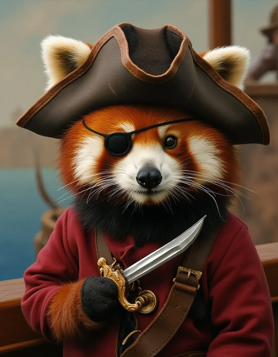 <lora:Red_Panda:1> An oil painting depicting a charming redpanda, sporting a dashing pirate costume complete with an eye patch, a tricorne hat tilted at a jaunty angle, and a miniature cutlass. Port, deck, portait,