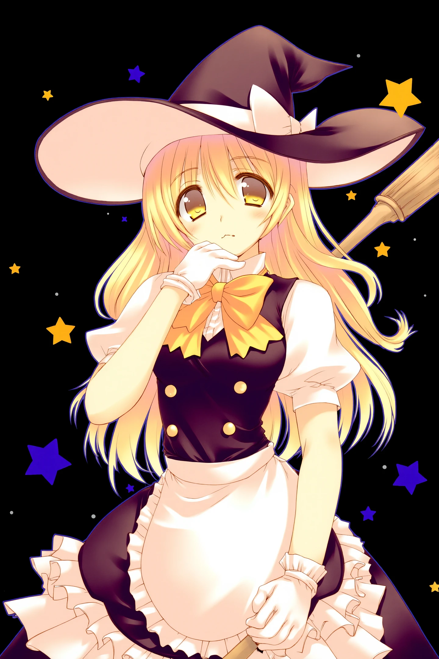 1girl,solo,kirisame marisa,hat,blonde hair,long hair,gloves,broom,braid,witch hat,star (symbol),bow,yellow eyes,looking at viewer,short sleeves,single braid,white gloves,puffy sleeves,hat bow,puffy short sleeves,apron,black background,side braid,orange bow,vest,cowboy shot,black headwear,dress,closed mouth,frills,smile,holding broom,skirt,adapted costume,waist apron,hair bow,hand on own face,ribbon,bowtie,shirt,blush,star background,
<lora:Amaduyu Tatsuki_FLUX:1>,